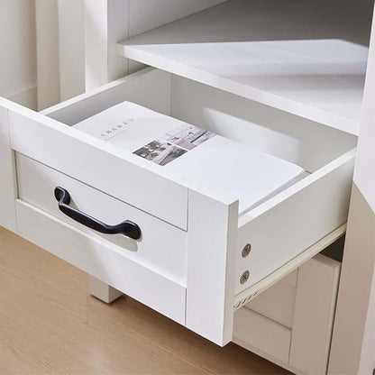 White Rustic Night Stand, Farmhouse End Table, Modern Bedside Table with 2 Storage Drawers and Open Shelf, Tall Nightstand for Bedroom