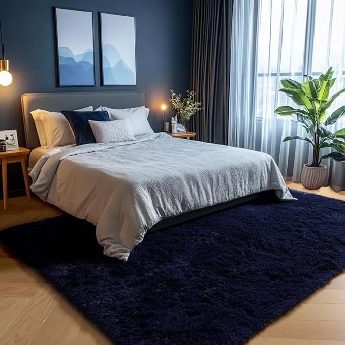 PAGISOFE Navy Blue Rug 3x5, Fluffy Dark Blue Rugs for Bedroom Super Soft Bedside Rugs, Modern Indoor Carpets for Living Room Non-Slip Carpet for Kids Boys Girls Teen Dorm Nursery Room Decor Classroom
