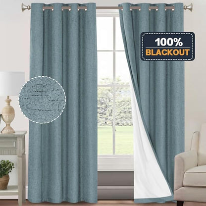 PrinceDeco 100% Blackout Linen Textured Curtains for Living Room Black Out Curtains 96 Inch Long 2 Panels Set Grommet Room Darkening Curtains & Drapes Boho Home Decor for Bedroom,52 X 96In,Stone Blue