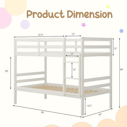 KOMFOTT Wood Bunk Bed Twin Over Twin, Bunk Bed with Ladder & Safety Guardrail, Solid Wood Bed Frame, Ideal for Dormitory & Multiple-Child Family, No Box Spring Needed, Kids Bed Frame
