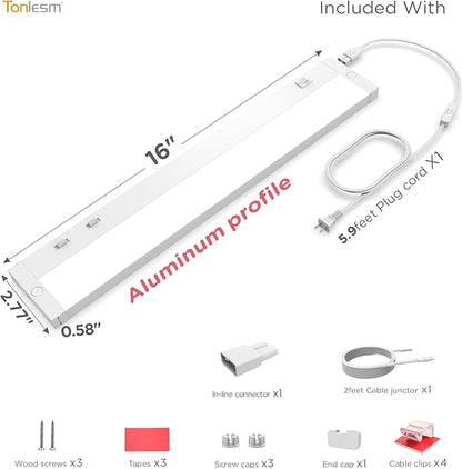 16 Inch Under Cabinet Lighting Plug in, 9W 120V 3 Color 3000K/4000K/5000K, 3 Brightness, Super Bright, Ultra Thin Under Counter Lights for Kitchen, Linkable LED Cabinet Light, White