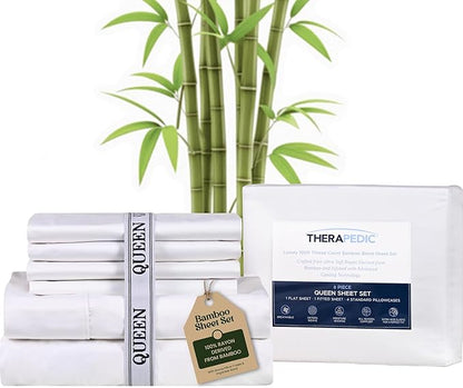 Therapedic 1000TC Queen 6-Piece Sheet Set - 100% Organic Rayon Derived from Bamboo Blend with Cooling Fiber, Ideal for Hot Sleepers - 16" Deep Pocket Fitted Sheet, Bonus Pillowcases - White