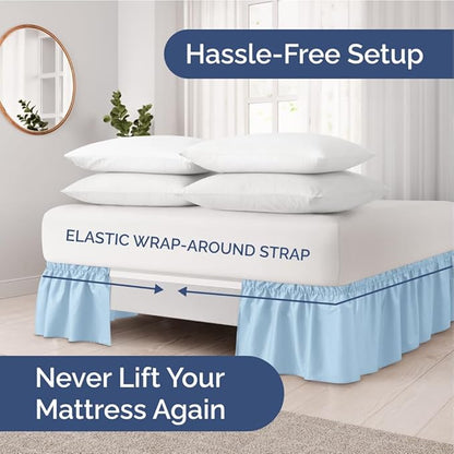Wrap Around Dust Ruffle Bed Skirt - Light Blue - for Full Size Beds with 24 Inch Drop - Elastic Strap - Adjustable Pleated Bedskirt with Brushed Fabric and Wrinkle Free - for Women, Men, Kids & Teens
