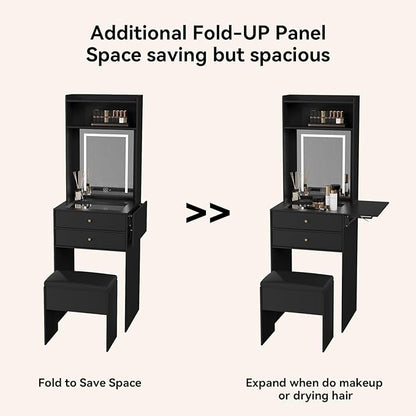 ARTETHYS Small Vanity Desk Set with 3 Adjustable Lighted Mirror and Storage Chair Mini Black Makeup Vanities Set for Bedroom Compact Make up Dressing Table with Fold-up Panel for Tiny Space