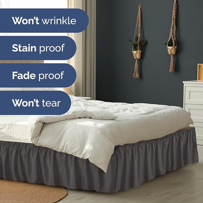 Wrap Around Dust Ruffle Bed Skirt - Charcoal - for Queen Size Beds w/ 12 Inch Drop - Easy Fit Elastic Strap - Adjustable Pleated Bedskirt w/Brushed Fabric - Wrinkle Free - Women, Men, Kids & Teens