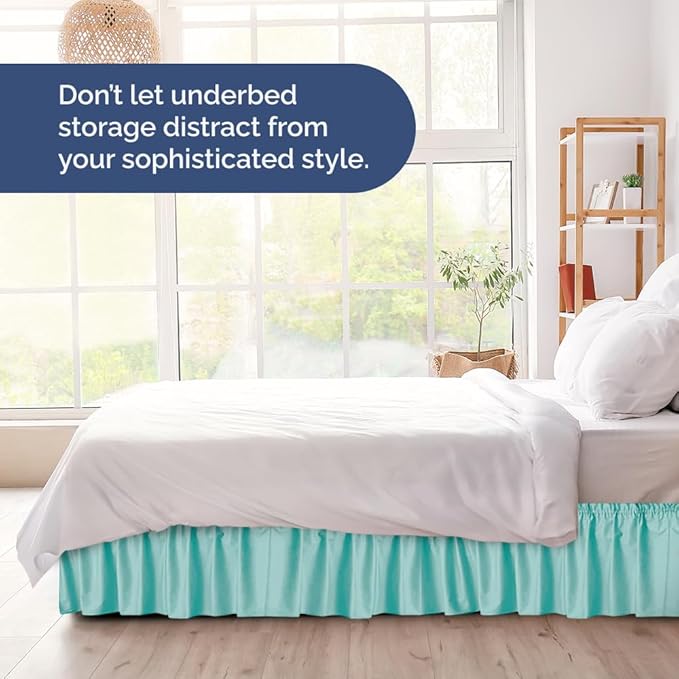 Wrap Around Dust Ruffle Bed Skirt - Spa Blue - for Queen Size Beds with 24 Inch Drop - Elastic Strap - Adjustable Pleated Bedskirt with Brushed Fabric and Wrinkle Free - for Women, Men, Kids & Teens