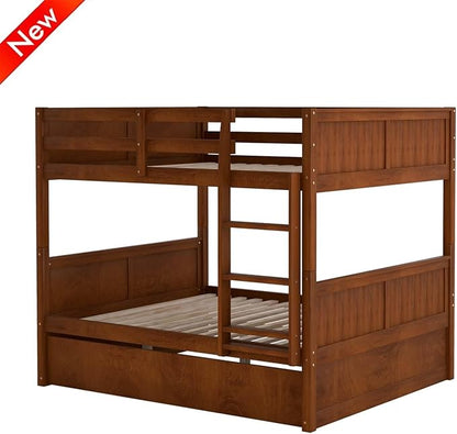 TSAMPA Latest Upgraded & Stronger Heavy Duty Solid Wood Full Over Full Bunk Bed with Trundle, Thickened Safer Convertible Bunkbed Frame (Easier to Assemble) (Walnut)