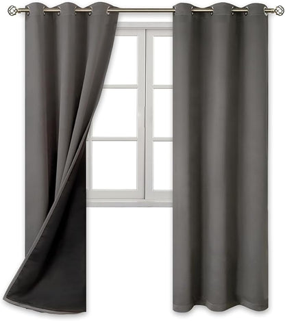 BGment Thermal Insulated 100% Blackout Curtains for Bedroom with Black Liner, Double Layer Full Room Darkening Noise Reducing Grommet Curtain (42 x 84 Inch, Grey, 2 Panels)