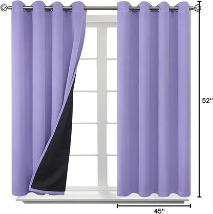 BGment Short 100% Blackout Curtains for Bedroom, Thermal Insulated Energy Efficiency Noise Reducing Grommet Curtains 45 Inch Length with Liner for Small Window 2 Panels Each 52 Inch Wide, Lavender