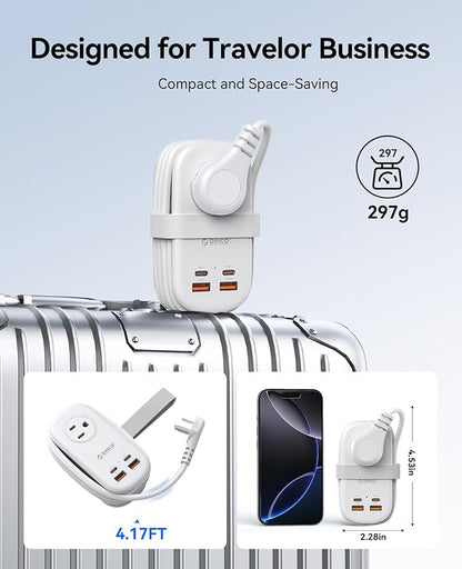 ORICO 65W GaN Travel Power Strip with 7-in-1 Charging Ports (3 AC Outlets/2 USB-A/2 USB-C), Flat Plug and 4FT Extension Cord, Fast Charger for MacBook Pro/Air, iPad Pro, iPhone 17/16/15- AP3