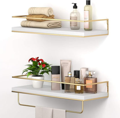 Shario White Floating Shelves - Set of 2, Wall Mounted Hanging Shelves with Golden Towel Rack, Decorative Storage Shelves for Bathroom, Kitchen, Living Room & Bedroom (White Gold, 15.7 Inches) | Hanging Shelves, for Bathroom, Kitchen, Living Room, Bedroom