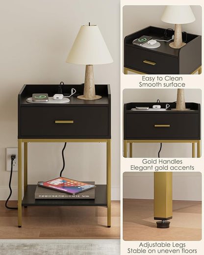 Masupu Nightstand with Charging Station,3-Tier Modern Bedside Night Stand with Storage Drawer and Shelf,Small End Side Table for Bedroom,Living Room,Gold and Black