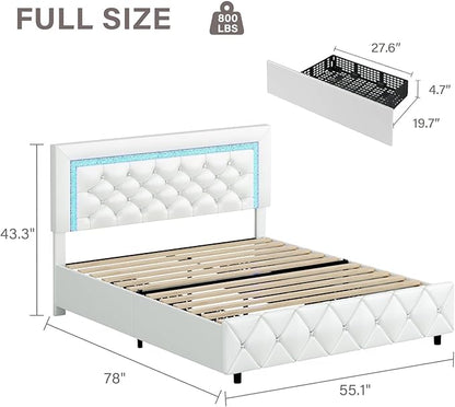 BarnFurin Full Size Bed Frame with LED Lights, Upholstered Bed Frame with Storage Drawers, Modern Platform Bed with Diamond Headboard and Footboard, No Box Spring Needed, White