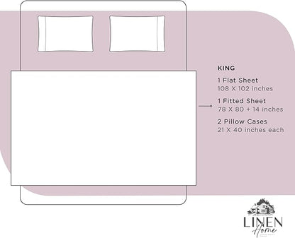 Linen Home 100% Cotton Percale Sheets King Size, Mauve Lavender, Deep Pocket, 4 Pieces Set - 1 Flat, 1 Deep Pocket Fitted Sheet and 2 Pillowcases, Crisp Cool and Strong Bed Linen