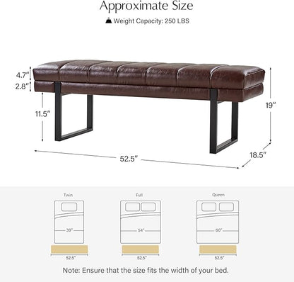 HULALA HOME 53" Faux Leather Entryway Bench, Button Tufted End of Bed Bench Ottoman for Bedroom, Living Room with Metal Base,Brown