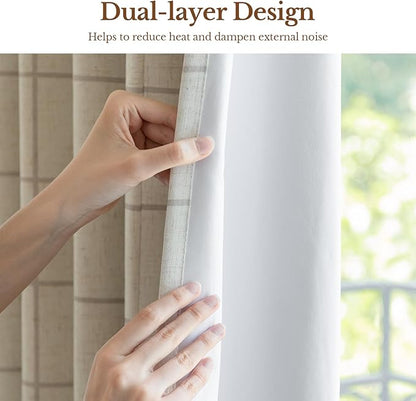 Plaid Pinch Pleated Curtains - Modern Luxury Linen Buffalo Blackout Drapes, Thermal Insulated Double Layer Window Panels for Living Room Bedroom, 120 Inches Long Brown 2 Panels Set