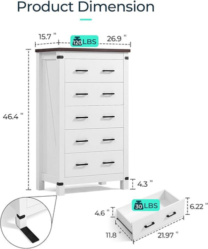 LINSY HOME Farmhouse 5 Drawer Dresser for Bedroom, 46” Tall Rustic Wood Chest with Deep Drawers, Modern Dressers with Spacious Storage and Metal Handles for Closet, Living Room, Hallway, Off White