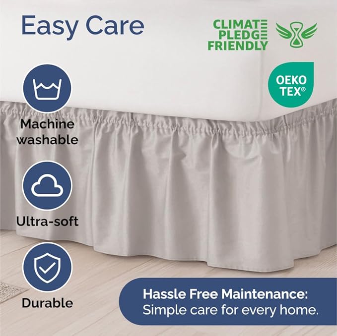 Wrap Around Dust Ruffle Bed Skirt - Light Grey - Twin/Twin XL Size Beds with 12 Inch Drop - Elastic Strap - Adjustable Pleated Bedskirt with Brushed Fabric and Wrinkle Free - Women, Men, Kids & Teens