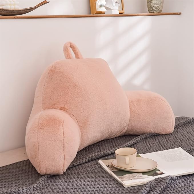 Holawakaka Large Faux Fur Bed Rest Pillow with Arms,Rabbit Fur Reading Pillows Perfect for Adults Men Women, Arm, Back, Pregnancy Lumbar & Head Neck Coccyx Lower Back Support Cushion (Blush)