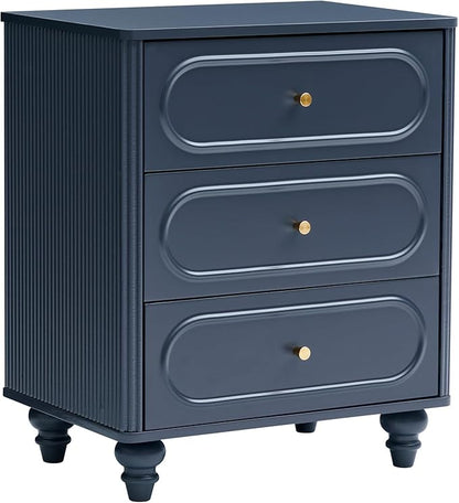 3 Drawer Fluted Dresser for Bedroom, Mid Century Modern Chest of Drawers, Wood Storage Small Dresser Organizer for Bedroom Living Room Hallway Closet, Blue