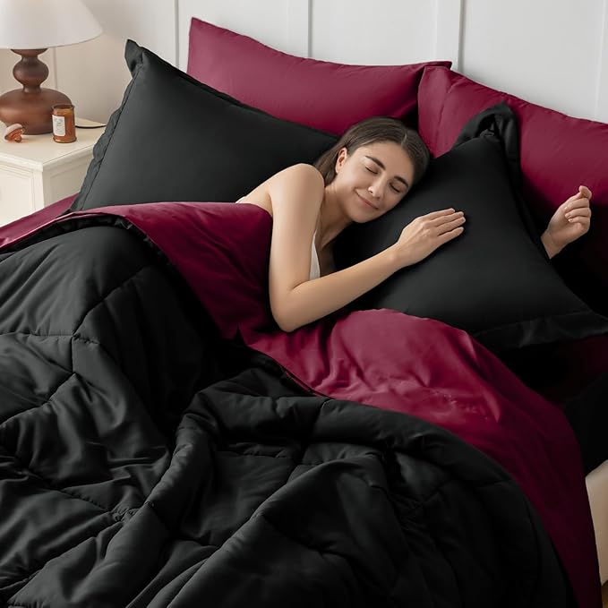 JOLLYVOGUE Queen Comforter Set, Ultra-Soft Bed in a Bag Queen Size 7 Pieces, Oeko-TEX Certified Bedding Set with Down Alternative Comforter, Sheets, Pillowcases & Shams, Burgundy & Black