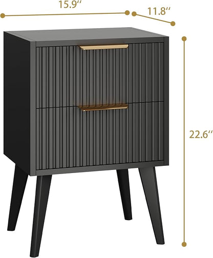YAUKOMEL Black Night Stand,Modern Bedside Table,Small Nightstand with 2 Drawers,Fluted Side Table with Wood Legs,Mid Century End Table for Bedroom,Small Space,Black 11.8" D x 16" W x 22.4" H CTG55BK