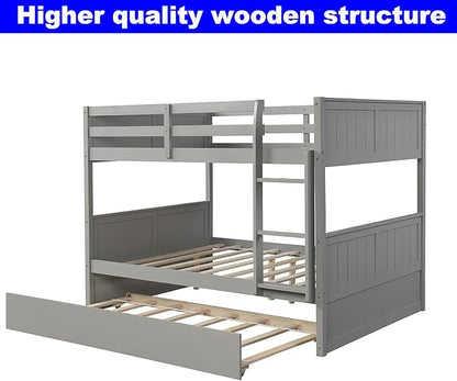 STERXONE Best Thicken Solid Wood Full Over Full Bunk Bed with Trundle, Luxurious Bunk Bed Frame Full Size with Safety Guard Rail and Ladder, Convertible to 2 Beds for Adults, Teens, Kids (Gray)