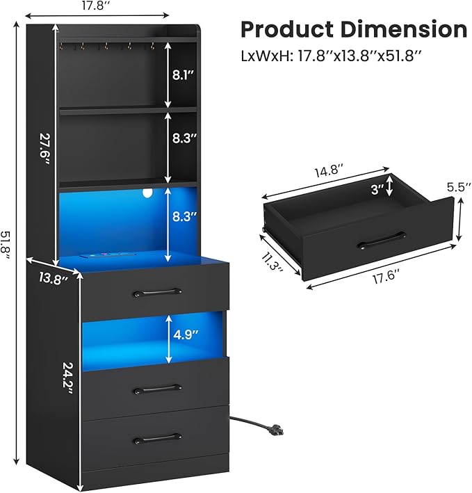 VIAGDO Tall Nightstand with Charging Station and LED Lights, Large Black Night Stand with Bookshelf, Modern LED Bedside Table with 3 Drawers and Storage Shelves, End Side Table for Bedrooms, Dorms