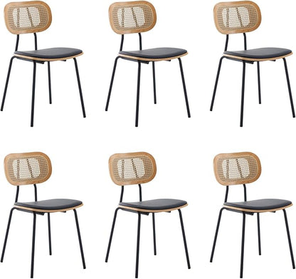 HEAH-YO Modern Dining Chairs Set of 6, Upholstered Faux Leather Dining Room Chairs with Rattan Backrest and Metal Legs, Armless Kitchen Chairs for Dining Room, Black