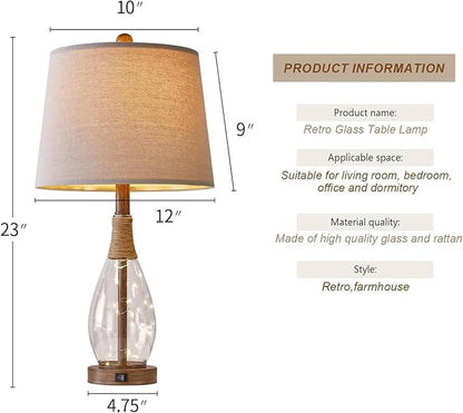 OYEARS Bedside Table Lamps Set of 2 with USB, Modern Bedside Lamps Retro Farmhouse Rattan Glass Nightstand Nightlight Lamps for Bedroom Living Room Dorm,Two Light Points