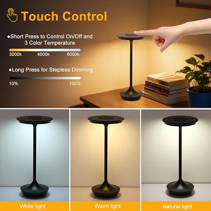EJQ Cordless Table Lamp Rechargeable, 6000mAh Battery Operated LED Table Lights Outdoor Portable Touch Dimmable Table Lamp for Bedroom Patio Cofee Restaurant Dining Home Set of 2-Black