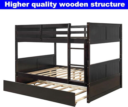 STERXONE Best Thicken Solid Wood Full Over Bunk Bed with Trundle, Luxurious Frame Size Safety Guard Rail and Ladder, Convertible to 2 Beds for Adults, Teens, Kids (Espresso)