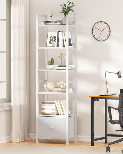 Furologee 6 Tier Bookshelf, Tall Shelf with Drawer, Wood and Metal Bookshelves Storage Organizer, Modern Display Shelving Unit for Bedroom, Living Room, Home Office, White