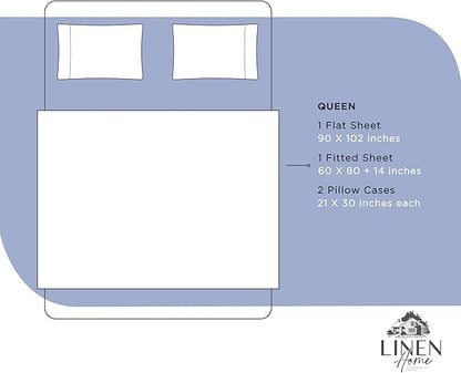 Linen Home 100% Cotton Percale Sheets Queen Size, Dark Blue, Deep Pocket, 4 Pieces Set - 1 Flat, 1 Deep Pocket Fitted Sheet and 2 Pillowcases, Crisp Cool and Strong Bed Linen