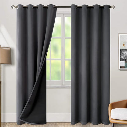 BGment Thermal Insulated 100% Blackout Curtains for Bedroom with Black Liner, Double Layer Full Room Darkening Noise Reducing Grommet Curtain (52 x 90 Inch, Dark Grey, 2 Panels)