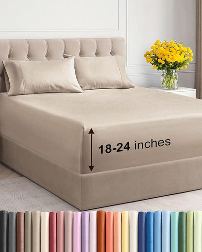 Extra Deep Twin Sheet Set - 4 Piece Breathable and Cooling Sheets - Hotel Luxury Bed Sheets Set - Easy & Secure Fit - Soft, Wrinkle Free and Comfy Sheets Set - Wheat Sheet Set with Extra Deep Pockets