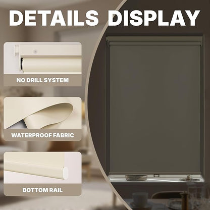 HESTIA No Drill Cordless Blackout Roller Shades Screwless Waterproof Shower Window Blinds, Auto-Retraction Easy Install Blind for Bathroom/Kitchen/Office/Exterior, Cream, 55.5" W x 72" H