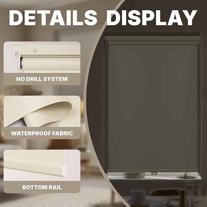 HESTIA No Drill Cordless Blackout Roller Shades Screwless Waterproof Shower Window Blinds, Auto-Retraction Easy Install Blind for Bathroom/Kitchen/Office/Exterior, Cream, 57" W x 54" H