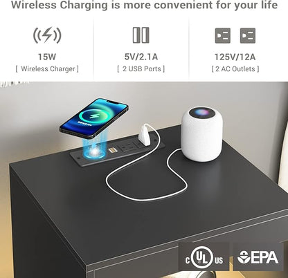 Tiptiper Black Nightstand with Wireless Charging Station and LED Lights, Bedside Table with 2 Drawers, Open Storage, 1 Pull-Out Tray, End Side Table with Charging Station, LED Night Stand with Storage
