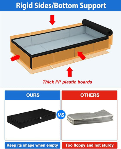 Under Bed Storage Containers, Low Profile Underbed Zipper Storage Bin 4.5 Inches Tall, Shallow Under Bed Storage with Sturdy Side & Bottom Support, Linen Storage with Lid for Sofa and Dorm, 4Pcs Black