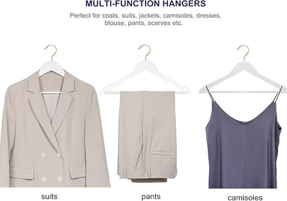 Amber Home 20 Pack Solid Wood Suit Coat Hangers, Smooth White Finish Wooden Dress Hangers with Non Slip Pant Bar, Clothes Hangers with Gold Hook & Notches for Jacket, Pant, Shirt (White+Gold, 20)