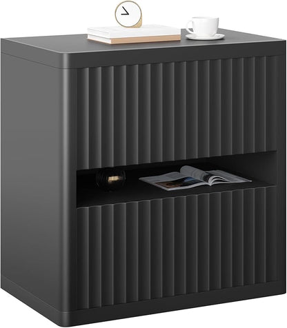 Dripex Fluted Nightstand with 2 Drawers, Large Wide Wood Night Stand Bedside Tables for Bedroom, Mid-Century Modern Storage Bed Side Table, End Tables for Living Room Sofa Couch, Black, Set of 1