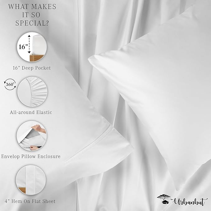 URBANHUT 800 Thread Count 100% Cotton Full Size Sheets, Luxury 4 Piece Full Bedsheets, Hotel Sheets Sateen Finish - Better Than Egyptian, 16" Elasticized Deep Pocket - White