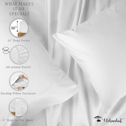 URBANHUT 800 Thread Count 100% Cotton Full Size Sheets, Luxury 4 Piece Full Bedsheets, Hotel Sheets Sateen Finish - Better Than Egyptian, 16" Elasticized Deep Pocket - White
