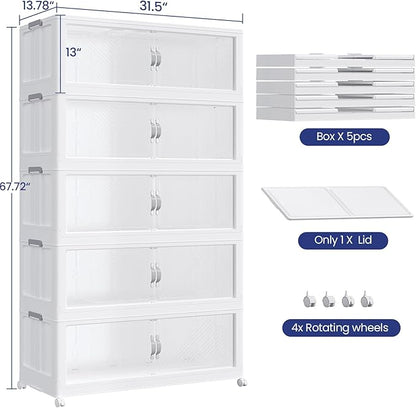 800QT Plastic Stackable Storage Bins with Lid, 200GAL Extra Large Collapsible Box with Wheels Clear Door, Foldable Closet Organizer Container Cabinet Drawer for Home Kitchen，5Pack, White