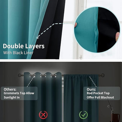 BGment Thermal Insulated 100% Blackout Curtains for Bedroom with Black Liner, Double Layer Full Room Darkening Noise Reducing Rod Pocket Curtain (52 x 72 Inch, Sea Teal, 2 Panels)