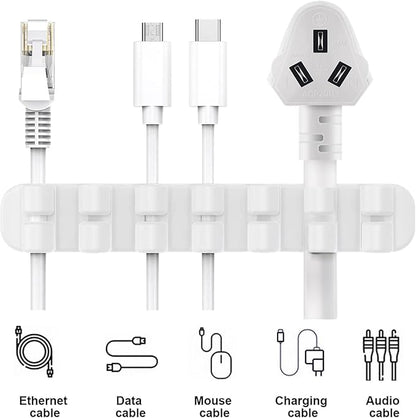 SOULWIT Upgraded Cable Holder, Cable Management Cord Organizer Clips Silicone Self Adhesive for Desktop USB Charging Cable Power Cord Bedside Wire PC Office Home (3/5/7 slot,White)