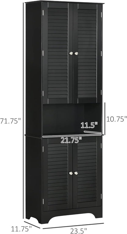 HOMCOM Tall Narrow Bathroom Storage Cabinet with Doors and Shelf Adjustability, Freestanding Linen Cabinet with 2 Cabinets and Countertop, Black