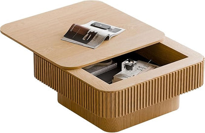 LKTART Coffee Table for Living Room, Accent Fluted Square Coffee Table with Hidden Storage, Modern Solid Wood Veneered Circle Center Tea Table for Small Space Apartment (31.5''D×14''H-Natural)