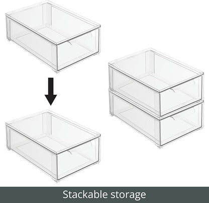 mDesign Plastic Storage Box with Drawer – Low Plastic Shoe Storage Bin – Stackable Box for Accessories etc. – Pack of 2 – Transparent